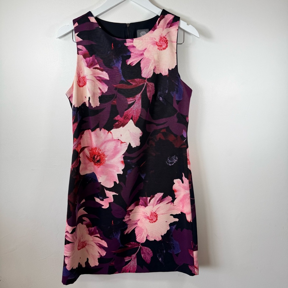 Vince Camuto Floral Sleeveless Sheath Dress Size 8 Pink Purple Black